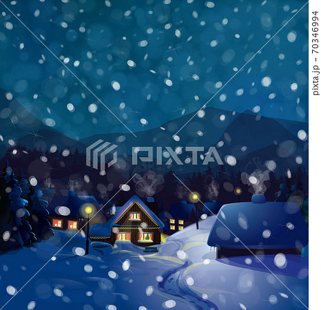Vector winter wonderland night background. Night winter landscape with houses. 70346994