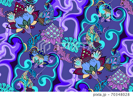 Fantastic flowers and paisley. Seamless pattern. Vector illustration. Suitable for fabric, mural, wrapping paper, digital paper, wall paper and the like Fantastic flowers and paisley. Seamless pattern. Vector illustration. Suitable for fabric, mural, wrapping paper, digital paper, wall paper and the like 70348028