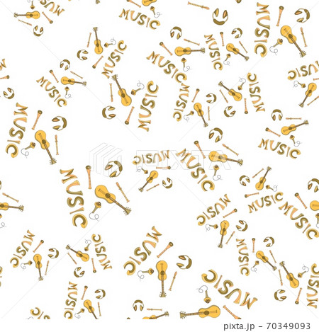 inscription Music, notes, brown guitar and microphone scattered on a white background. inscription Music, notes, brown guitar and microphone scattered on a white background. 70349093