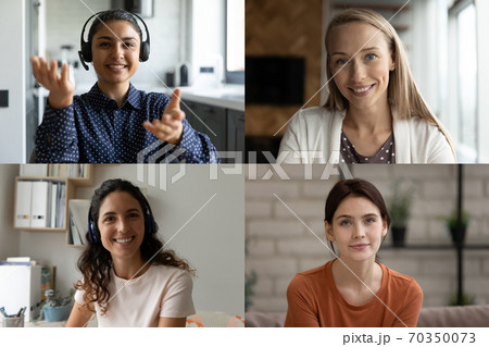 Diverse multiracial women have group video call 70350073