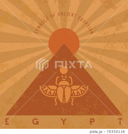 Symbols of ancient Egypt in an old style. Scarab beetle, pyramid and sun. 70350116