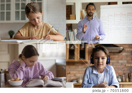 Small kids speak on video call with ethnic male teacher Small kids speak on video call with ethnic male teacher 70351600