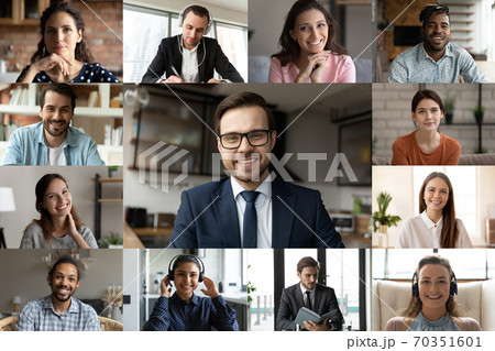 Multiethnic colleagues brainstorm speak on group video call 70351601