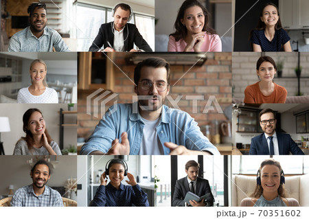 Multiethnic colleagues have webcam online team meeting Multiethnic colleagues have webcam online team meeting 70351602
