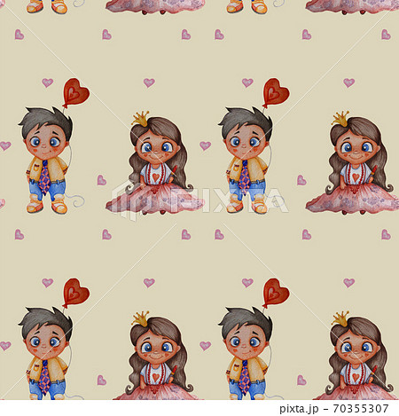 Seamless patterns. A couple in love - a playful baby princess with long hair and lipstick in her hands and a boy in a tie with a balloon on a beige background with hearts. Watercolor 70355307