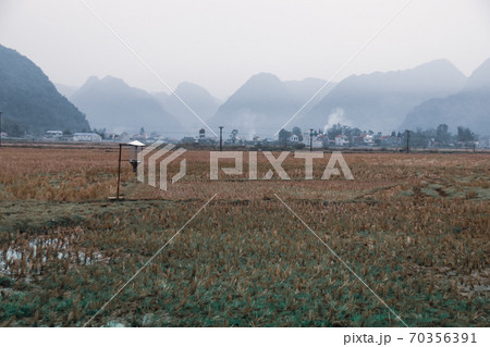 Cinematic landscape scenery of mountains in Dong Van Karst Plateau Geopark in Sa phin, Vietnam 70356391