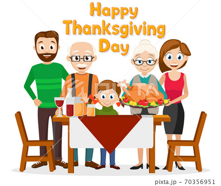 Family with roasted turkey near the table. Thanksgiving Day 70356951