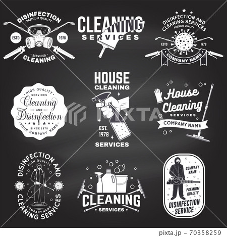 Set of Disinfection and cleaning services badge, logo, emblem. Vector For professional disinfection and cleaning company. Vintage typography design with disinfectant and cleaning equipments 70358259