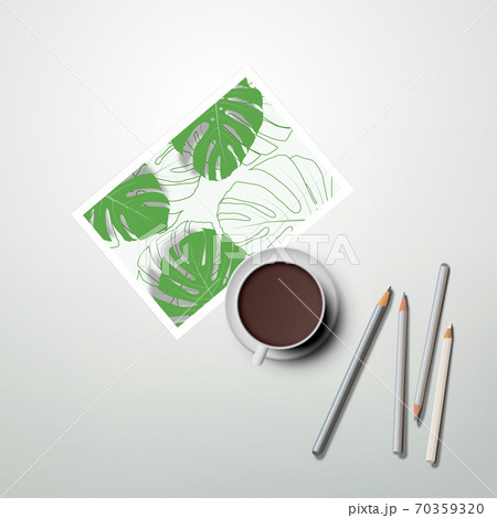 Cup of coffee, pencils and painting with tropical plants. Home office concept, study or freelance, working from home. 70359320
