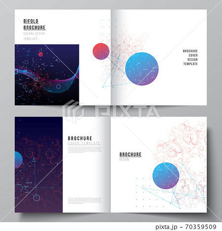 Vector layout of two covers templates for square bifold brochure, flyer, magazine, cover design, book design. Artificial intelligence, big data visualization. Quantum computer technology concept. Vector layout of two covers templates for square bifold brochure, flyer, magazine, cover design, book design. Artificial intelligence, big data visualization. Quantum computer technology concept. 70359509