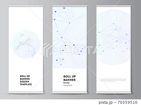 Vector layout of roll up mockup templates for vertical flyers, flags design templates, banner stands, advertising design mockups. Blue medical background with connecting lines and dots, plexus. Vector layout of roll up mockup templates for vertical flyers, flags design templates, banner stands, advertising design mockups. Blue medical background with connecting lines and dots, plexus. 70359510