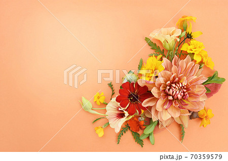 Delicate blossoming roses and flowers, blooming festive fall frame background, autumn bouquet floral card, toned 70359579