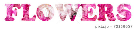 The word "Flowers" from peony flower texture isolated on white. A bouquet of peonies. 70359657