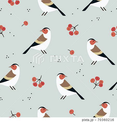 Beautiful Christmas seamless pattern with European goldfinch birds and rowan berries. Cute Scandinavian winter design for scrapbooking, gift paper wrapping and textile. 70360216