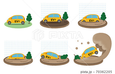水害に遭う黄色い電気自動車のベクターイラストセット 70362205