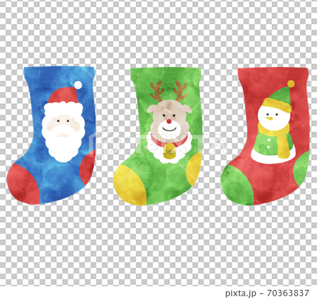 水彩風サンタ トナカイ 雪だるまが描かれた靴下のイラスト素材