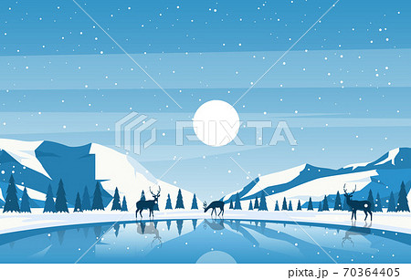 Winter Snow Pine Mountain Lake Deer Nature のイラスト素材