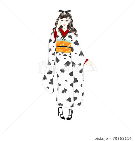 牛柄の着物を着た女の子のイラスト素材