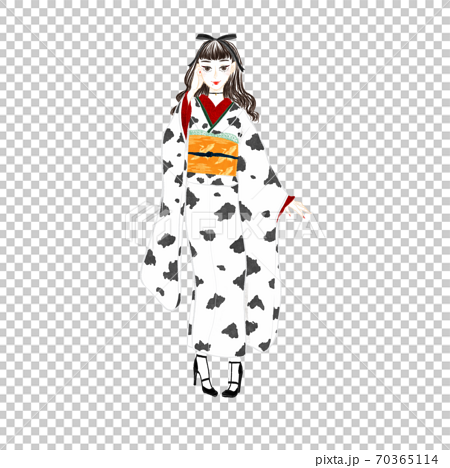 Girl In A Kimono With A Cow Pattern Stock Illustration