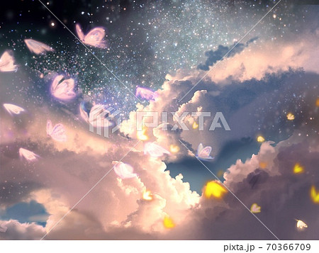 雲と宇宙銀河と天の川を楽しく舞う蝶々の夢絵のイラスト素材
