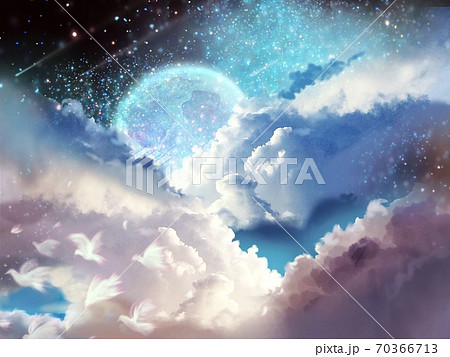 雲と宇宙銀河と天の川を楽しく舞う蝶々の夢絵のイラスト素材