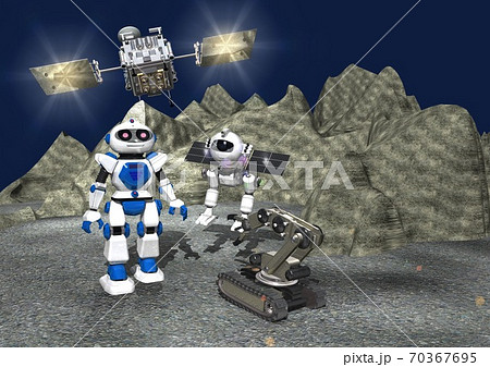 未知の惑星、小惑星、衛星などで探査する探査機、探査ロボットたちのイメージ 70367695
