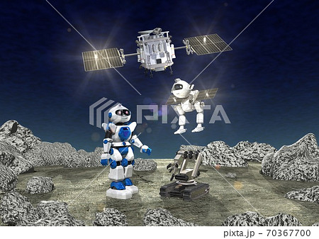 未知の惑星、小惑星、衛星などで探査する探査機、探査ロボットたちのイメージ 未知の惑星、小惑星、衛星などで探査する探査機、探査ロボットたちのイメージ 70367700