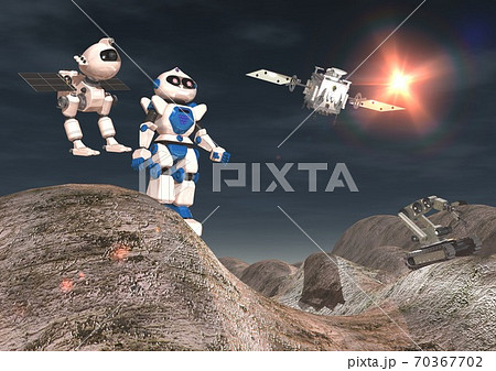 未知の惑星、小惑星、衛星などで探査する探査機、探査ロボットたちのイメージ 未知の惑星、小惑星、衛星などで探査する探査機、探査ロボットたちのイメージ 70367702