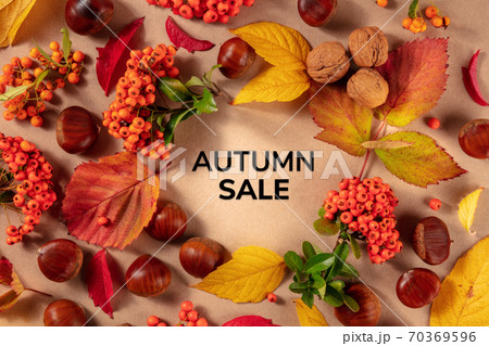 Autumn Sale banner with chestnuts, nuts, and autumn leaves, overhead flat lay shot 70369596