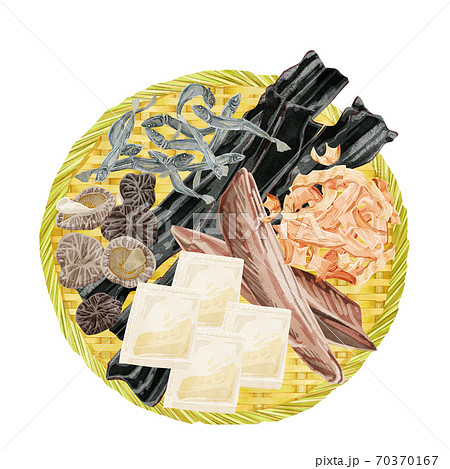和風出汁と出汁パックの材料を載せた竹ざるのイラスト 70370167