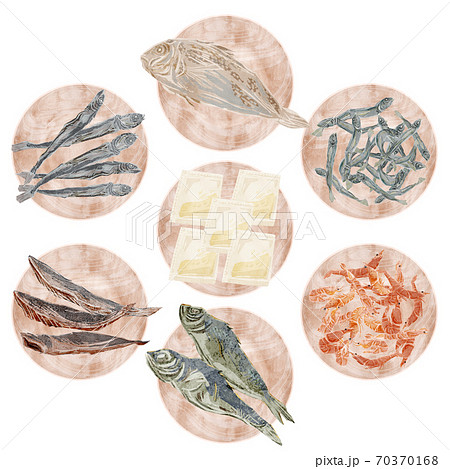 魚介出汁と出汁パックの材料を載せた木皿のイラスト 魚介出汁と出汁パックの材料を載せた木皿のイラスト 70370168