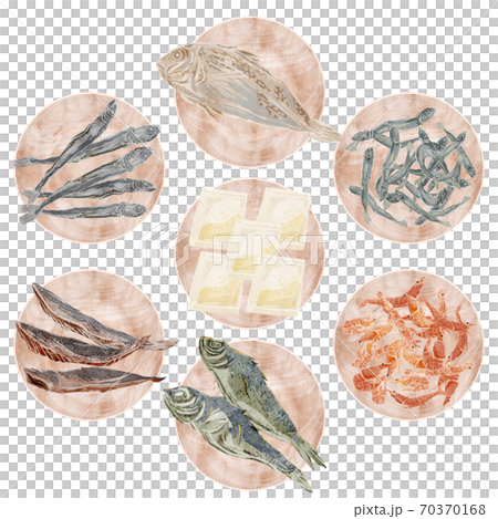 魚介出汁と出汁パックの材料を載せた木皿のイラスト 魚介出汁と出汁パックの材料を載せた木皿のイラスト 70370168