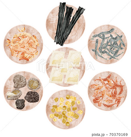 和風出汁と出汁パックの材料を載せた木皿のイラスト 70370169