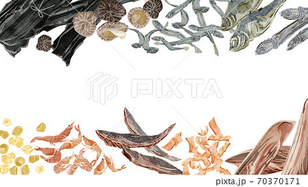 和風出汁の材料フレーム　水彩風手描きイラスト 70370171