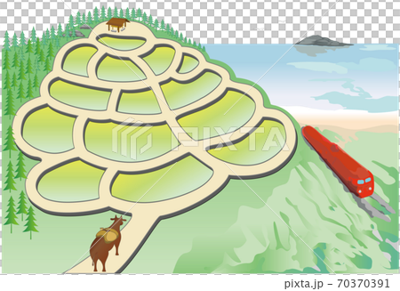 Ushi-kun and rice terraces 2 (step fields and trains) 70370391