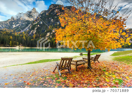 Fantastic autumn landscape, Braies lake in Dolomites, Italy, Europe 70371889
