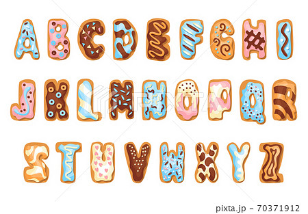 Cartoon cookies font set. Confectioners stylized capital letters collection. Vector english ABC baking in colored glaze. Creative gingerbread alphabet design. Childhood sweet biscuit and doughnut 70371912