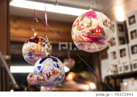 Christmas Street Market. Christmas tree balls with decorative painting, Christmas decoration, Christmas festive season, Christmas Street Market. Christmas tree balls with decorative painting, Christmas decoration, Christmas festive season, 70372941