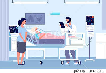 Sad woman in hospital. Intensive care unit, woman in oxygen mask and doctor. Artificial lung ventilation, elderly sick vector medical illustration 70373016