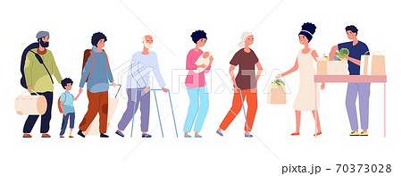 Food donations. Poor people, refugees and single mother with newborn, elderly in queue for humanitarian aid. Volunteering and charity vector concept 70373028