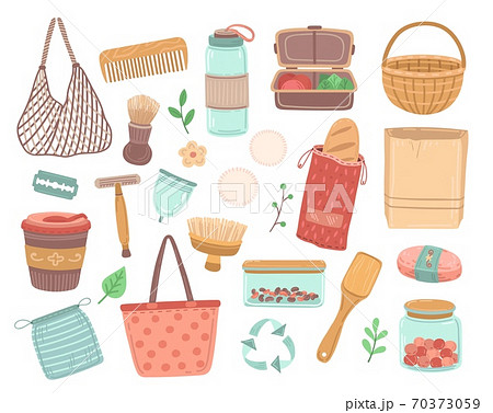 Reusable items. Zero waste, eco friendly recycle element. Isolated ecology wooden spoon, bag bottle, grocery container vector illustration 70373059
