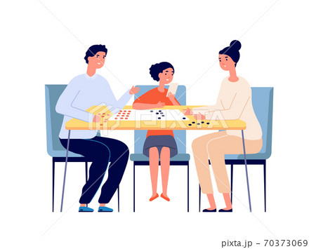 Family play board game. People playing, woman little girl man gaming at desk. Happy parents, home table top poker player vector illustration 70373069