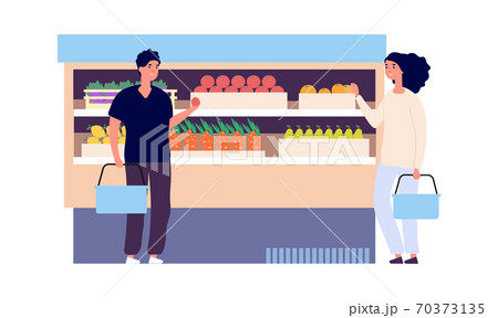 Vegan store. Man woman choose veggies and fruits. Flat style grocery shop with customers. Fresh food, raw ingredients on counter vector illustration 70373135