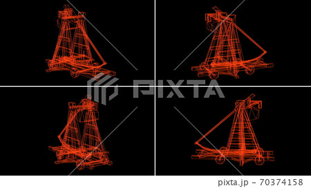 3d rendering - wireframe model of antique big old wooden catapult with the big stones 3d rendering - wireframe model of antique big old wooden catapult with the big stones 70374158