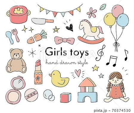 Set Of Hand Drawn Illustrations Of Girls Toys Stock Illustration