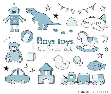 男の子のおもちゃの手描きイラストのセット かわいい キッズ 遊び アイテム 育児 子ども 子育てのイラスト素材