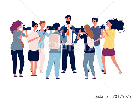 Political interview. Businessman talk with crowd journalists, photographers and popular person. Public relations manager or politician vector illustration 70375075