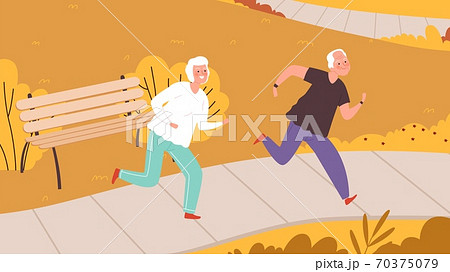 Elderly running in autumn park. Happy seniors characters, outdoor fall activity. Healthy lifestyle vector illustration 70375079