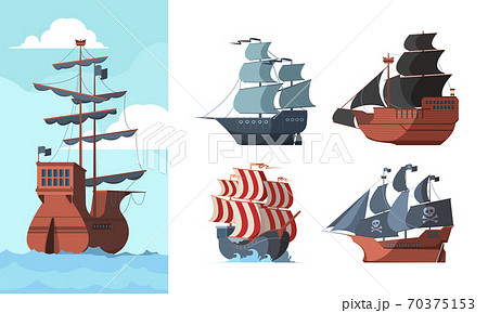 Pirate ship. Marine old transport ocean damaged wooden boat galleons vector pictures 70375153