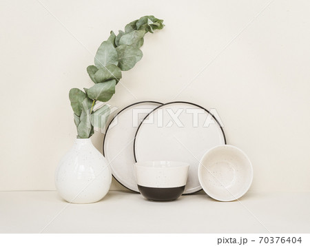 Minimalist white and black set of modern ceramic. 70376404